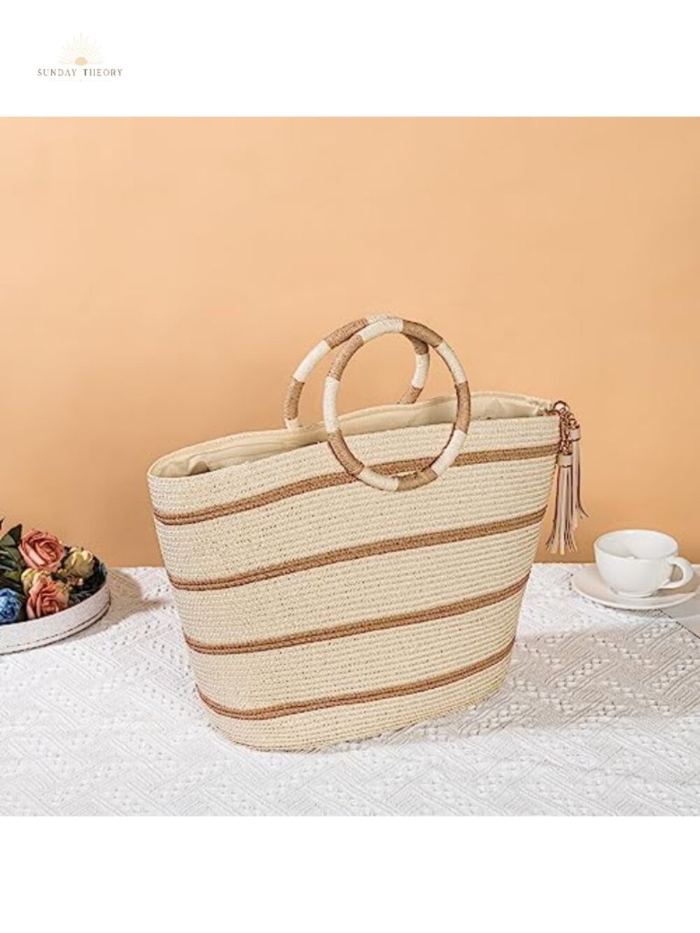 Woven Straw Tote Bag for Women Large Beach Bag Summer Shoulder Handbag - Picture 3 of 6
